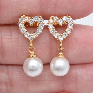 18K Yellow Gold Filled Women Clear Topaz Love Heart Pearl Dangle Stud Earrings - Picture 1 of 2