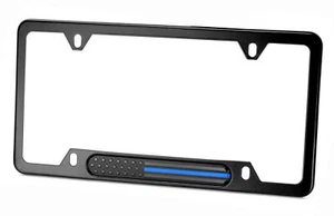 MULL Black Stainless Steel License Plate Frame (Black Flag with Thin Blue Line) - Picture 1 of 5