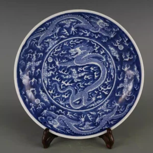 Estate Chinese Blue&white Porcelain Dragon Plate - Picture 1 of 9
