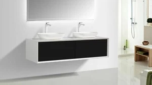 MEGA Badmöbel Unterschrank + 2 Waschtische schwarz-weiß Badezimmer Mineralguss - Bild 1 von 8