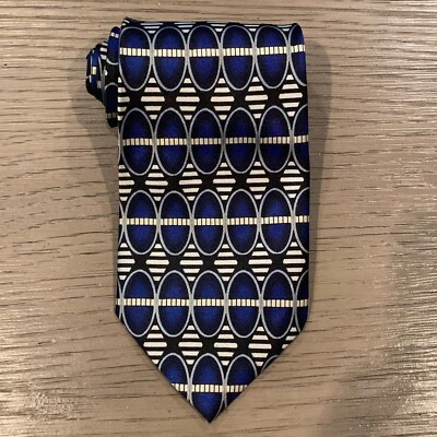 Corbata Hugo Boss para hombre 100 % seda azul/blanco círculos geométricos y rayas 4" de ancho usada en excelente estado Foto 1 de 4