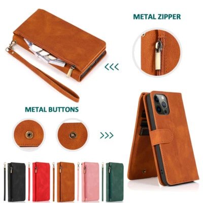 Zip Leather Wallet Case Card Flip Cover for iPhone 16e/15/14/13/12/11 XR XS SE 8 - Image 1 of 4