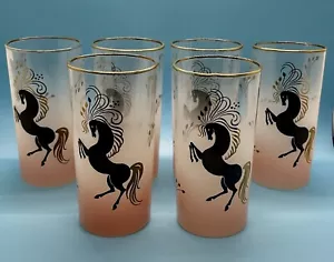 6 Vintage Libbey tänzelndes Pferd rosa Longdrinkgläser MCM Barware 22 KT Besatz - Bild 1 von 17