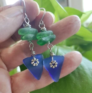 Sea Glass Jewelry Earrings Aloha Hawaii Beach Casual Elegant Cobalt Blue Green - Picture 1 of 5