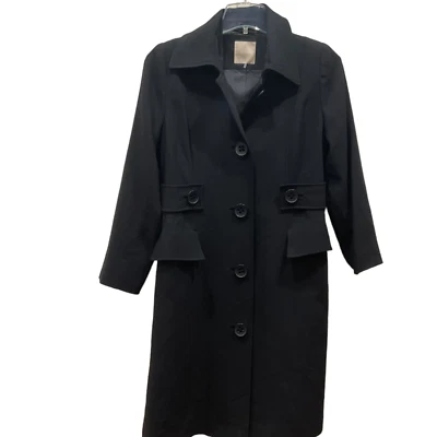 Abrigo Magaschoni Collection Negro Lana Cuello Ancho Botón Frontal Talla 12 M Trench Foto 1 de 4