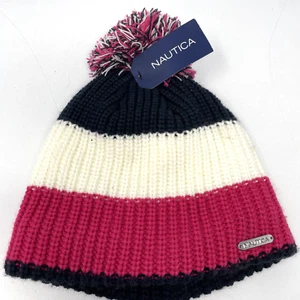 Neu mit Etikett Nautica gerippte Strick Winter Beanie Mütze Mütze rosa marine weiß Bommel - Bild 1 von 6
