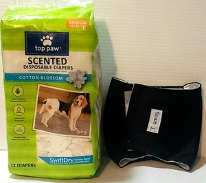 Top Paw Scented Disposable Dog Diapers Size Medium 15-35 Lbs + Male Dog Wrap  - Picture 1 of 10
