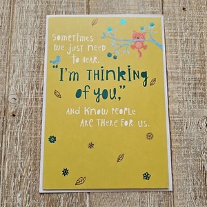 American Greetings Thinking Of You Karte 5x7 gelb blau Folie Katze Blätter Baum - Bild 1 von 9