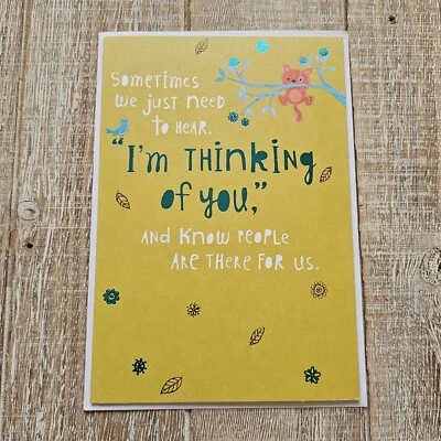 American Greetings Thinking Of You Card 5X7 Yellow Blue Foil Cat Leaves Tree