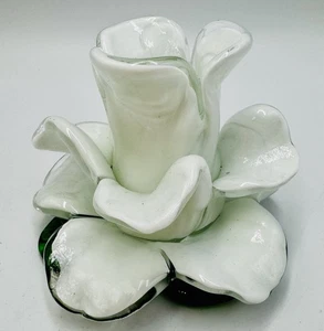 Mundgeblasenes Kunstglas weiß Bucaneve Murano Stil Blume Kerzenhalter 3x4" Vintage - Bild 1 von 6