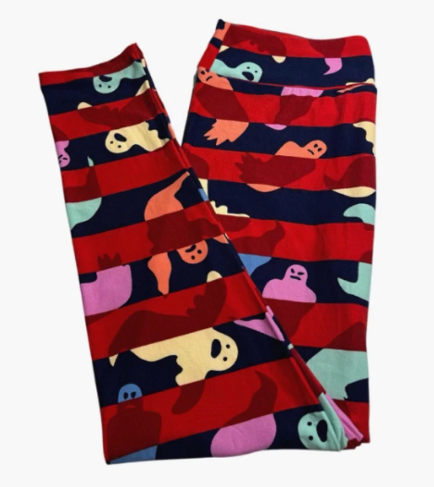 Leggings LuLaRoe TC alta curvilínea vermelha Halloween colorida listra fantasma ajuste elástico - Imagem 1 de 4