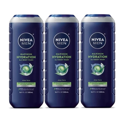 3 Pack Nivea Men Maximum Hydration 3-in-1 Body Wash, Aloe Vera Dry Skin, 16.9oz - image 1 of 4