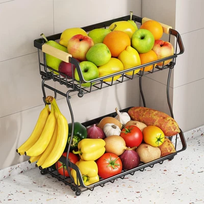 2 Tier Kitchen Countertop Fruit Basket Bowl with 2 Banana Hangers,Detachable Bla - Image 1 of 4