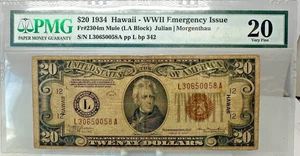 1934 Hawaii $20 WWII Emergency Issue "Mule" LA Block VF 20 -#789* - Picture 1 of 2