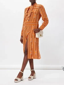 Gucci Orange Horsebit-Print Silk Midi Dress 771365 - Picture 1 of 7