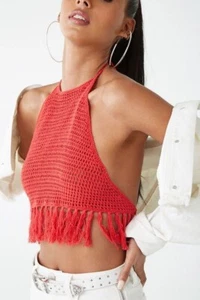 ENVÍO GRATUITO NUEVO CON ETIQUETAS Forever 21 Crochet Halter Corbata Back Borla Top Talla S Rojo - Imagen 1 de 3