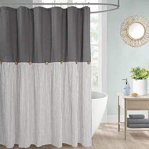 Farmhouse Shower Curtain,Beige and Gray Stripe,Button Curtain,Linen and Cotto... - Picture 1 of 3