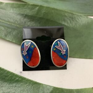 Vintage Shooting Star Stud Earrings Pewter Metal Resin Red Blue Mexico 1992