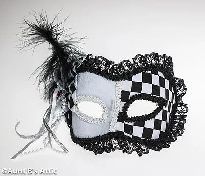 Mardi Gras Mask Blk. & Wht. Harlequin Style Fabric Eye Mask With Feathers & Lace - Image 1 of 2
