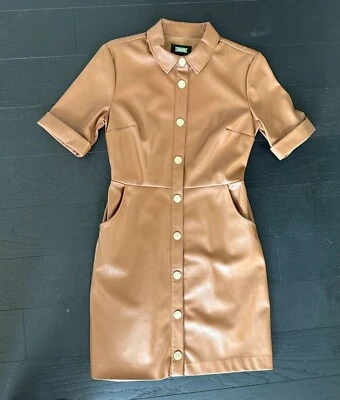 Alexia Admor Faux Leather Brown Button-Up Mini Dress, Gold AccentButtons, Size2 - Image 1 of 4