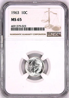 1963 Roosevelt Dime, Graded MS65 BY NGC - Image 1 of 4