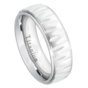 Men's 7mm Titanium Band White Ring with Alternating Notches Texture / Gift box - Picture 1 of 3