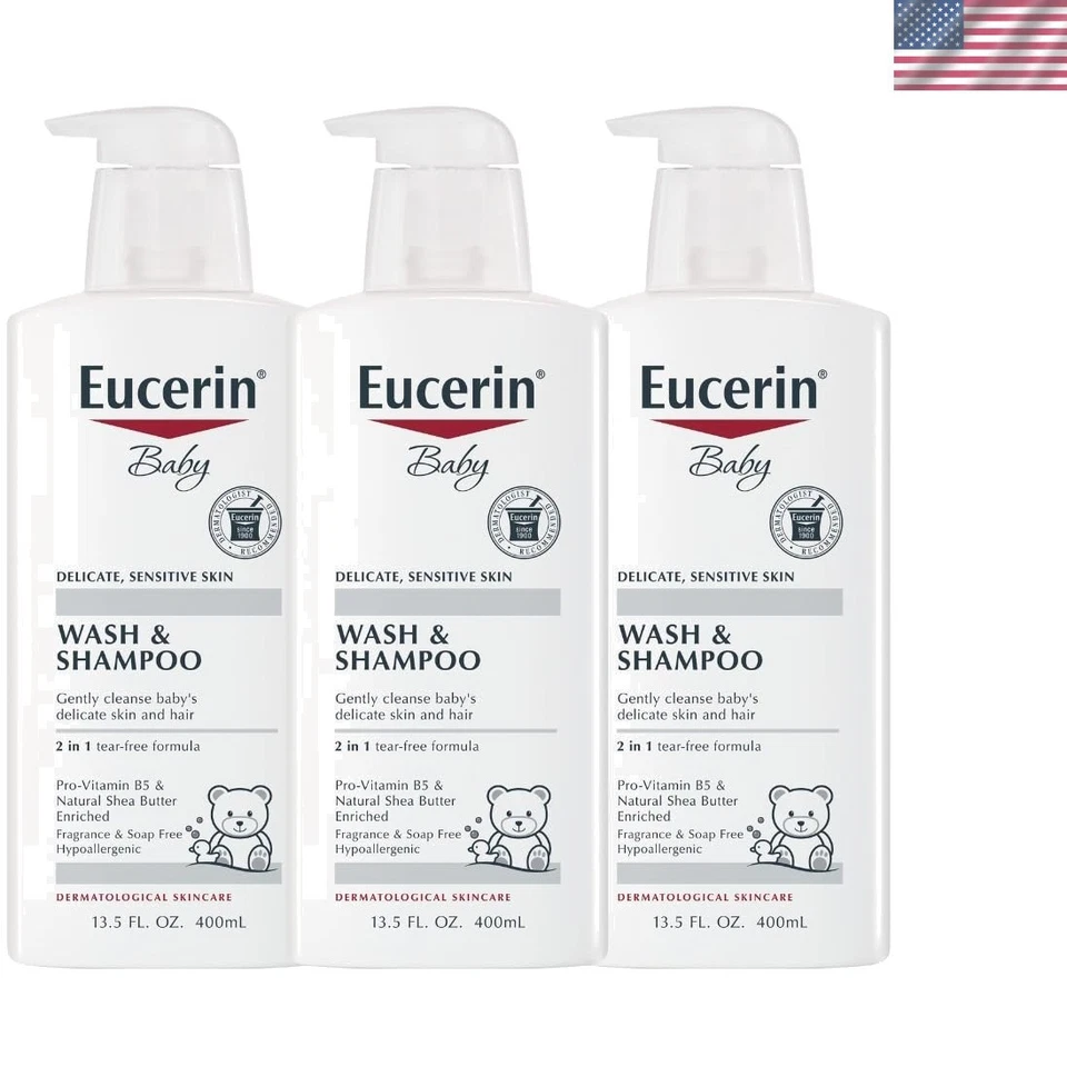 Eucerin Baby Unscented Shampoo and Wash 2 in 1 13.5 Fl Oz Pack of 3