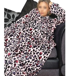 Ladies Leopard Print Wearable Snuggle Sleeves Blanket Super Soft Warm Fleece - Picture 1 of 9
