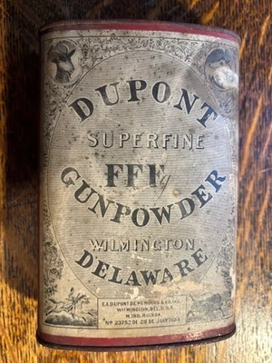 Lata de pólvora vacía DUPONT Superfine FFFg con fecha de 1924 con exhibición de etiquetas de papel Foto 1 de 4