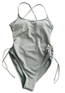 Xhilaration Juniors One Piece Swimsuit Ruched Tie Sides Ribbed Olive Size XS - Picture 1 of 2