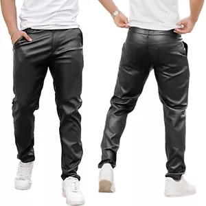 PVC Faux Leather Black Slim Fit Disco Pants for Men Stretch Gothic & Casual Wear - Picture 1 of 6