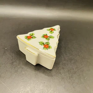 Lefton Trinket Box 453 Christmas Holly Tree Shaped Porcelain Japan Vintage - Picture 1 of 5