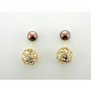 LeVian 14K Yellow Gold Brown Pearl H-I SI2 Diamond 0.07 cts Earrings