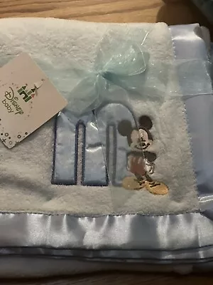 NEW DISNEY MICKEY MOUSE BABY BLANKET BLUE " M " EMBROIDERED FLEECE SATIN EDGE - Image 1 of 3