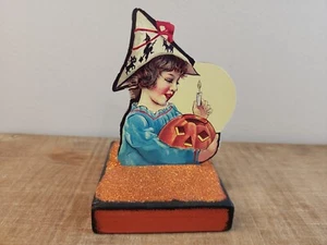 Vintage Bild~~ Art Deco Mädchen mit Jack O Laterne Halloween Glitzer Stufentablett Deko - Bild 1 von 10