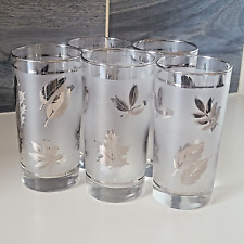 Set of 5 MCM Libbey Silver Overlay Foliage Leaves Frosted Drink Glasses (Read)