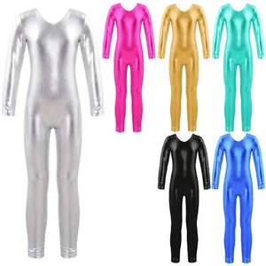 Girls Leotard Shiny Bodysuit Catsuit Jumpsuit Ballet Romper Jazz Dancewear Kids - Picture 1 of 64