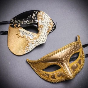 Luxury His & Hers Gold Mask Masquerade Couple Set Costume Venetian Party Mask - Picture 1 of 3