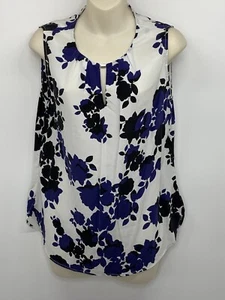 Women’s David Lawrence Top Size 10 Pure Silk Blue White Black Floral Sleeveless - Picture 1 of 7