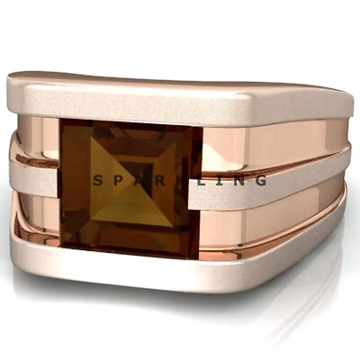 Smoky Quarts Square Cut With 925 Sterling Silver Gold Plated Men's Ring #D803 - Image 1 of 4