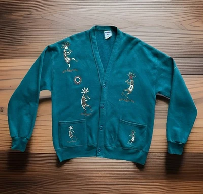 Cárdigan de Colección Jerzees Southwest Kokopelli Para Hombre O/S Verde Polar Abotonado Cuello en V Foto 1 de 4