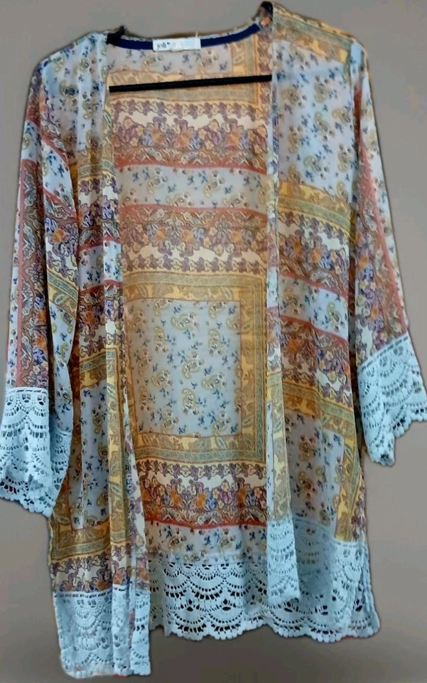 Jolt Kimono Cardigan Small Boho Sheer Patchwork Lace Trim Festival Hippie Top - Image 1 of 4