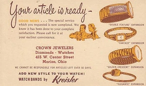 Crown Jewelers Repair Card Kreisler Watches - Picture 1 of 1