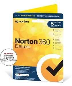 Norton 360 DELUXE Antivirus VPN 5 Devices 15 MONTHS 2025 - Download Code - Picture 1 of 1