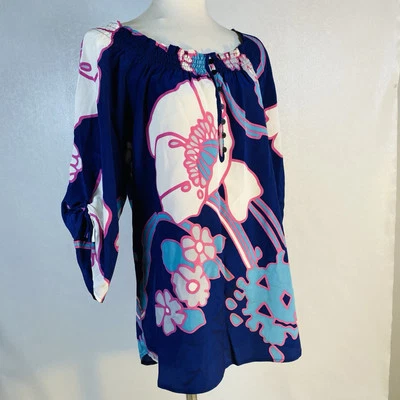 Yumi Kim sz S Silk Blouse Blue Floral 3/4 Tie Sleeves Off Shoulder Flowy Top - Image 1 of 4