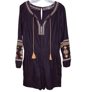 Market & Spruce Black Linen Romper Embroidered Patterned Sleeves Ladies M V-Neck - Picture 1 of 10