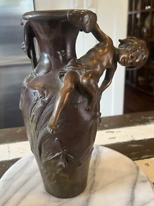 Signed Augusta Moreau Bronze 17 1/2" Vase Child Cherub Dragon Fly - Picture 1 of 13