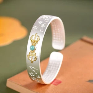 Pure S999 Fine Silver Bracelet Enamel 13mm Lucky Vajra Open Bangle 51-52 ID:59mm - Picture 1 of 6