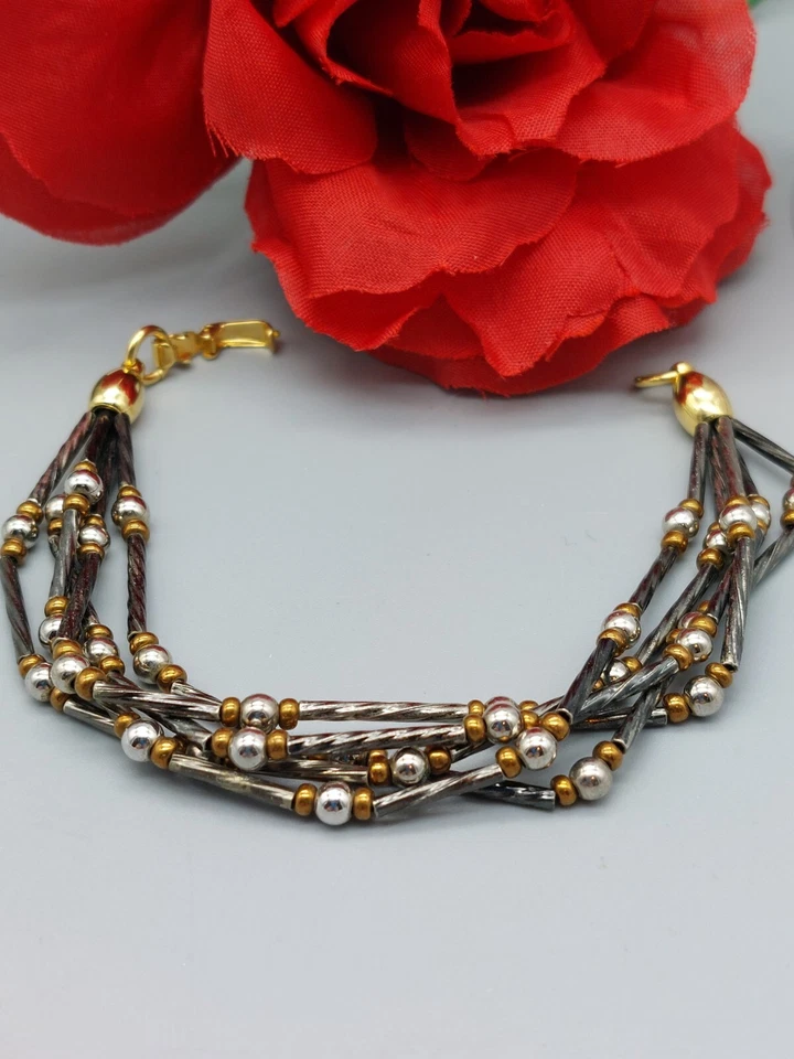 Brazalete Napier 5 Hilos Firmado Tonos Plata y Oro Barras y Espaciadores de Bolas 7" Foto 1 de 4