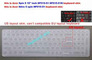 Keyboard Protector Skin Cover for Acer Nitro 5 spin NP515-51,Spin 5 15" SP515-51 - Picture 1 of 6